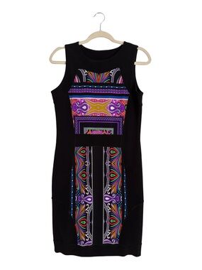 Black Sleeveless Stretch Dress with Multicolor Geometric Print